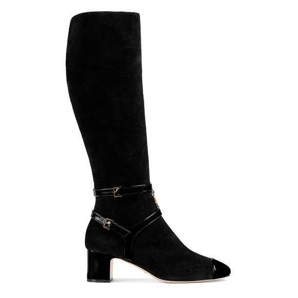 Gucci Geraldine 55 Black Suede Patent GG Gold Logo Low Heel Knee High Boot 35 - Picture 1 of 12